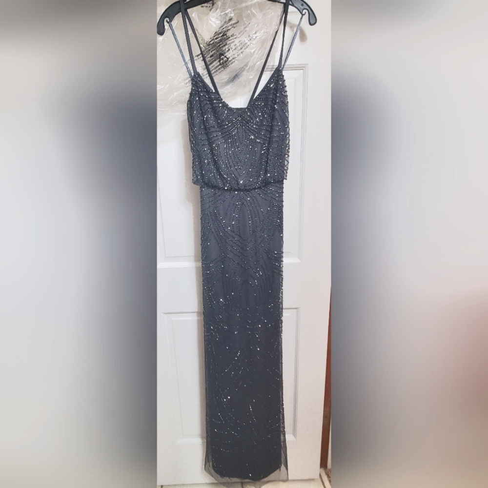 NWT ADRIANNA PAPELL AP2E207275 GUNMETAL Spaghetti Strap BEADED BLOUSON GOWN Sz10